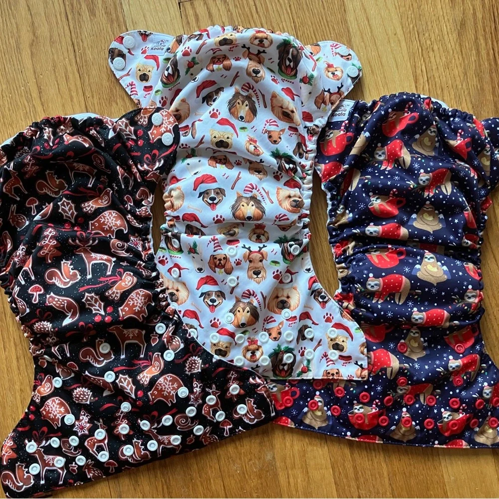MAMA KOALA Cloth Pocket Diapers Lot of Three Christmas Patterns